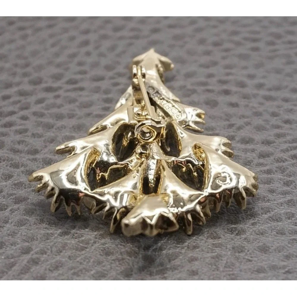 Christmas Tree Brooch Red Green Rhinestone Gold Tone